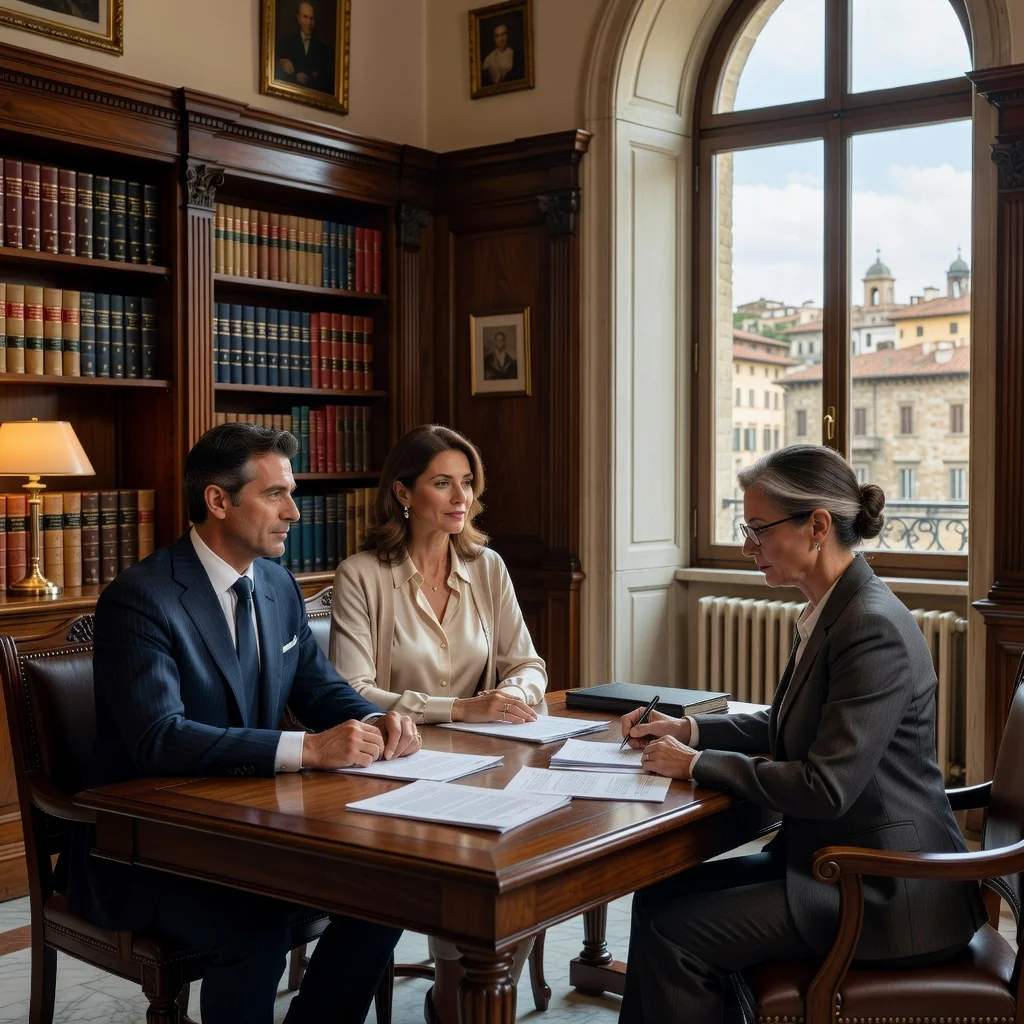 A photorealistic image depicting a mature Italian couple in their 40s, sitting calmly at a wooden table in a sunlit lawyer's office in Italy, discussing their asset separation agreement with a professional attorney. They appear composed and focused, with Italian architecture visible through the window, symbolizing the amicable resolution of marital property matters. No children are present in the scene.
