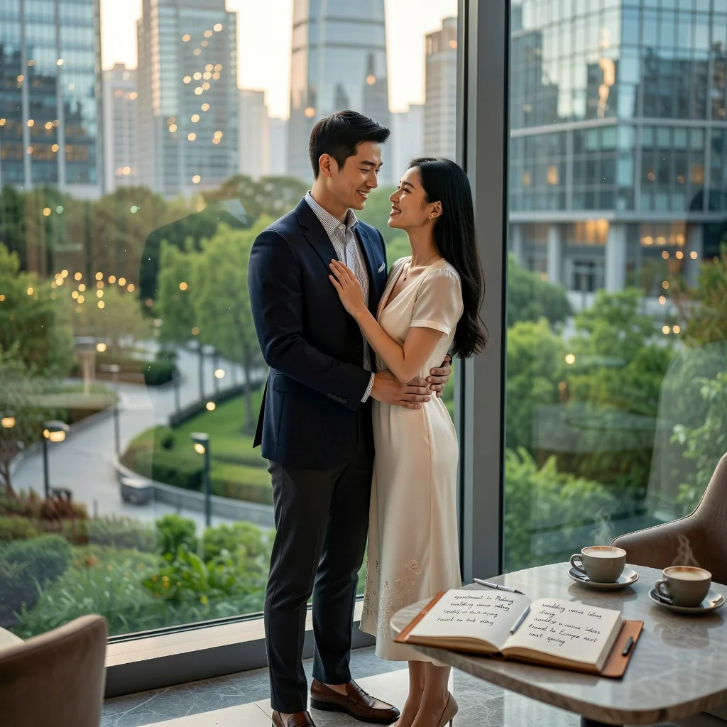 A photorealistic image of a young Chinese couple in modern attire, standing together in a elegant urban setting in China, such as near a traditional-modern fusion background like a city skyline with subtle cultural elements, symbolizing commitment and partnership in marriage, with warm and trusting expressions, no legal documents visible, no children present.