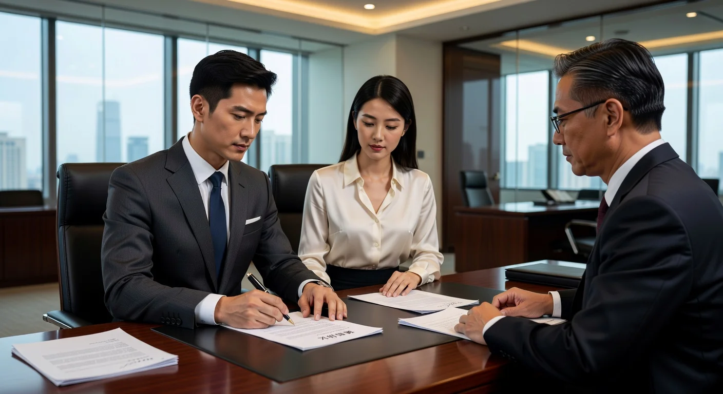 Couple signing prenup in Chinese office