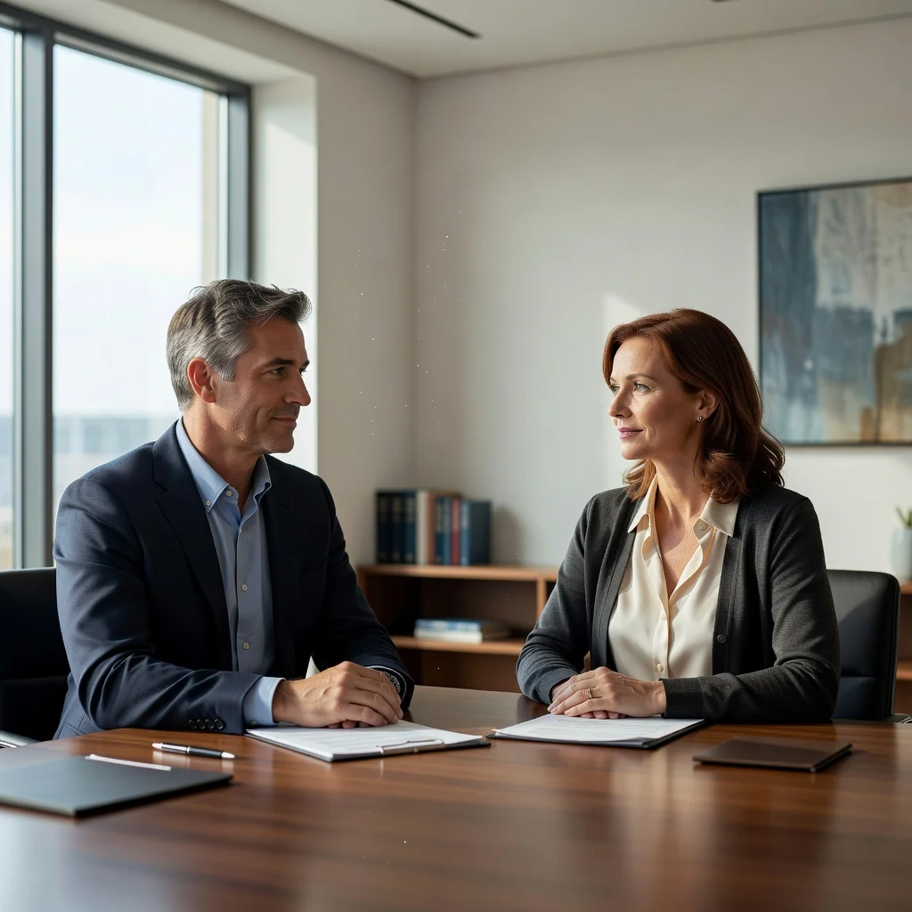 A photorealistic image depicting a couple in the process of divorce, sitting across from each other at a table in a neutral office setting, with subtle expressions of contemplation and resolution, symbolizing the agreement and legal aspects of a divorce settlement without showing any legal documents or children.