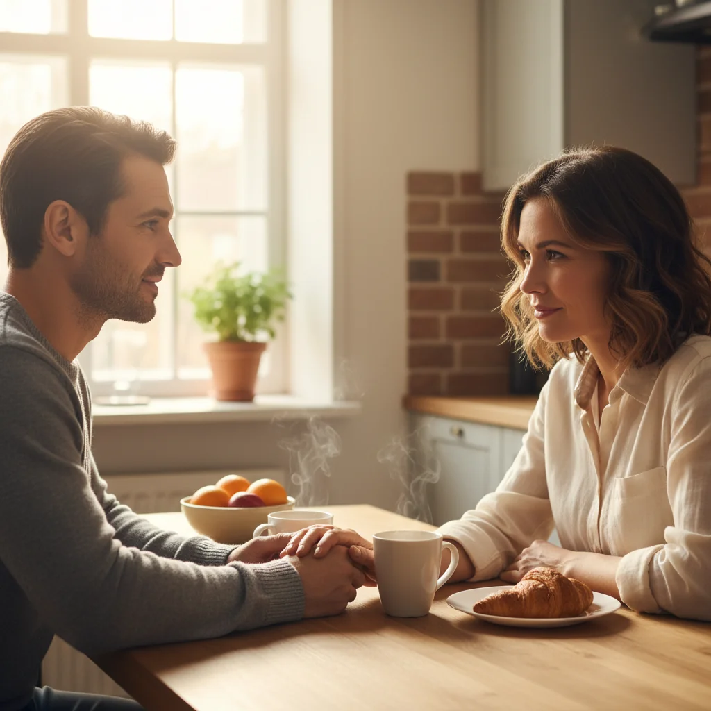 A photorealistic image of a mature couple in their 30s or 40s, sitting together at a wooden kitchen table in a modern home, engaged in a serious yet affectionate conversation about their future. The woman has her hand gently on the man's arm, both looking at each other with trust and understanding, symbolizing commitment and planning in marriage. No children or legal documents are visible. The atmosphere is warm and intimate, with soft natural light from a window.