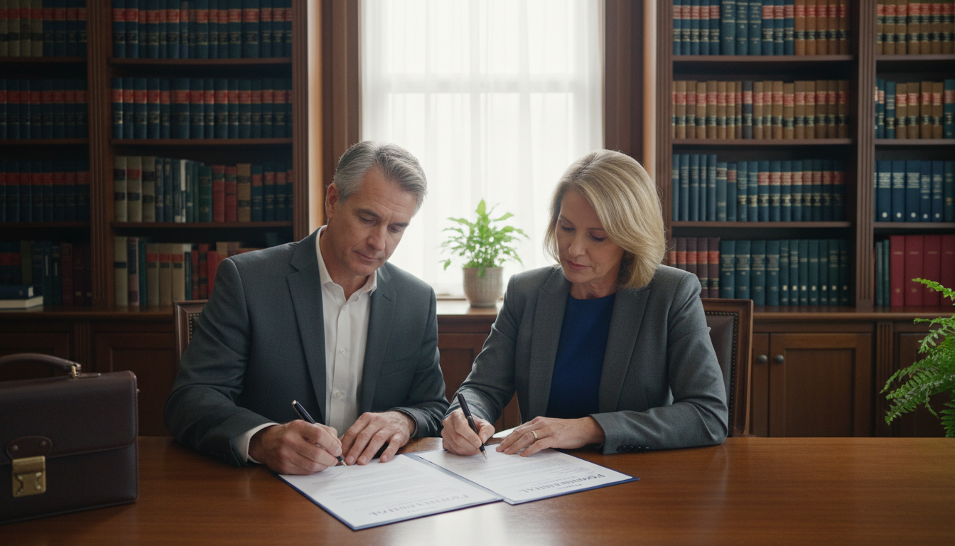 Couple signing postnuptial agreement