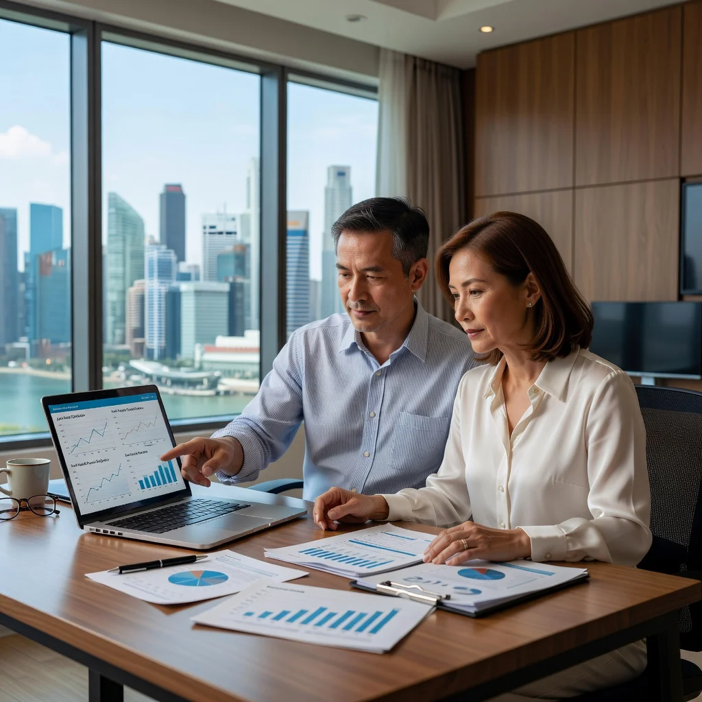 A photorealistic image of a mature married couple in their 30s or 40s, sitting together at a modern home office desk in Singapore, discussing financial matters with a laptop open showing charts, symbolizing the purpose of a post-nuptial agreement for protecting marital assets. The couple looks engaged and serious, with a city skyline view of Singapore in the background through a window. No children are present in the image.