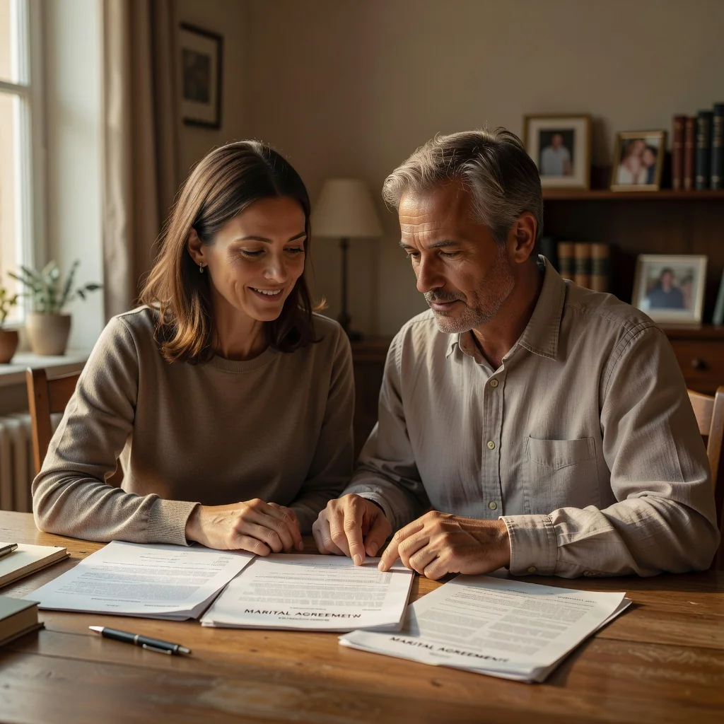 A photorealistic image of a mature couple in their 30s or 40s sitting together at a wooden table in a cozy home office, calmly discussing and reviewing papers related to their marital agreement, with expressions of mutual understanding and cooperation, no children present, warm natural lighting from a window.