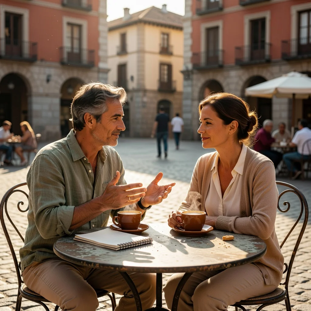 A photorealistic image representing the purpose of a marital settlement agreement in Spain, focusing on a mature couple in their 30s or 40s amicably discussing their future over coffee in a sunlit Spanish cafe, with subtle elements like a wedding ring on the table and a map of Spain in the background, symbolizing separation and agreement without conflict.