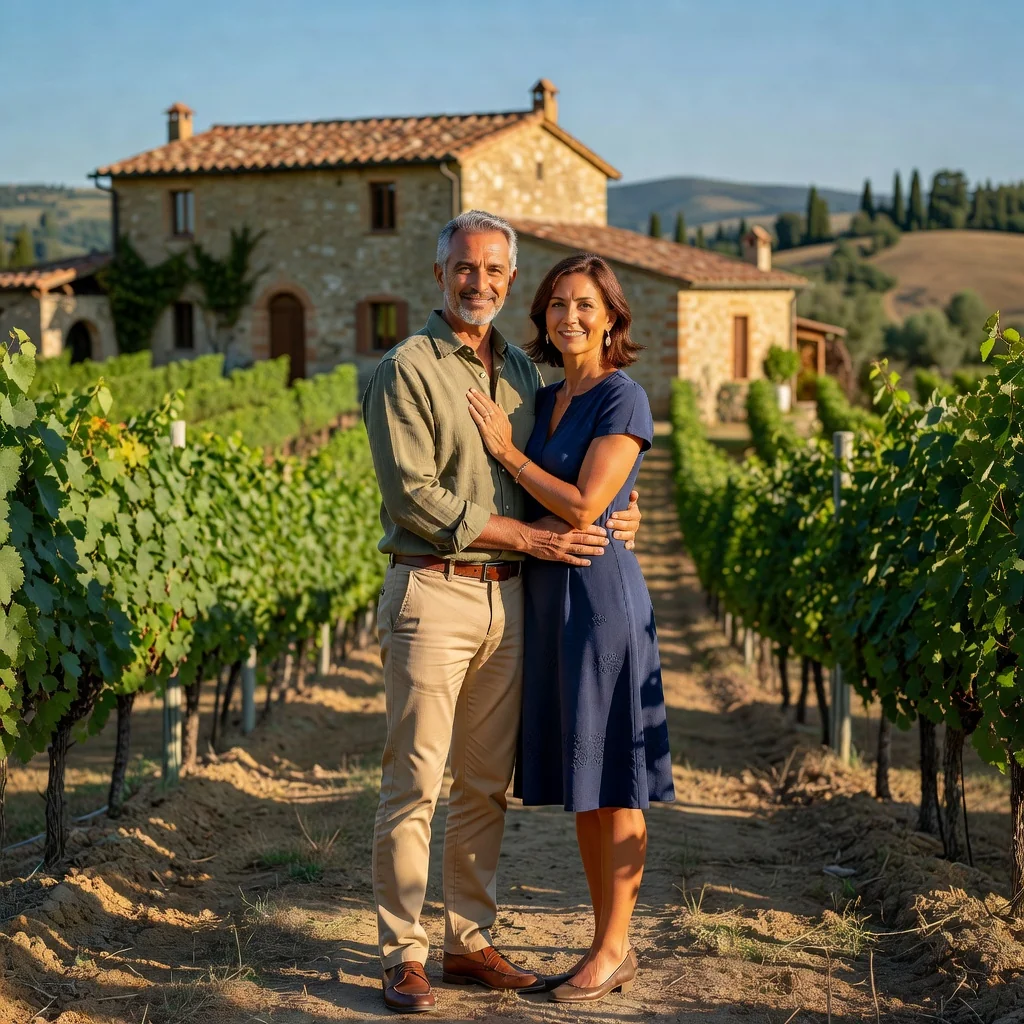 A photorealistic image of a mature Italian couple in their 30s or 40s, standing affectionately in a scenic Italian location like a historic town square or garden, symbolizing commitment and partnership in marriage. They are dressed in elegant casual attire, looking at each other with smiles, holding hands, evoking the idea of strengthening marital bonds through legal agreements. No children are present. The image is warm and inviting, with natural lighting.