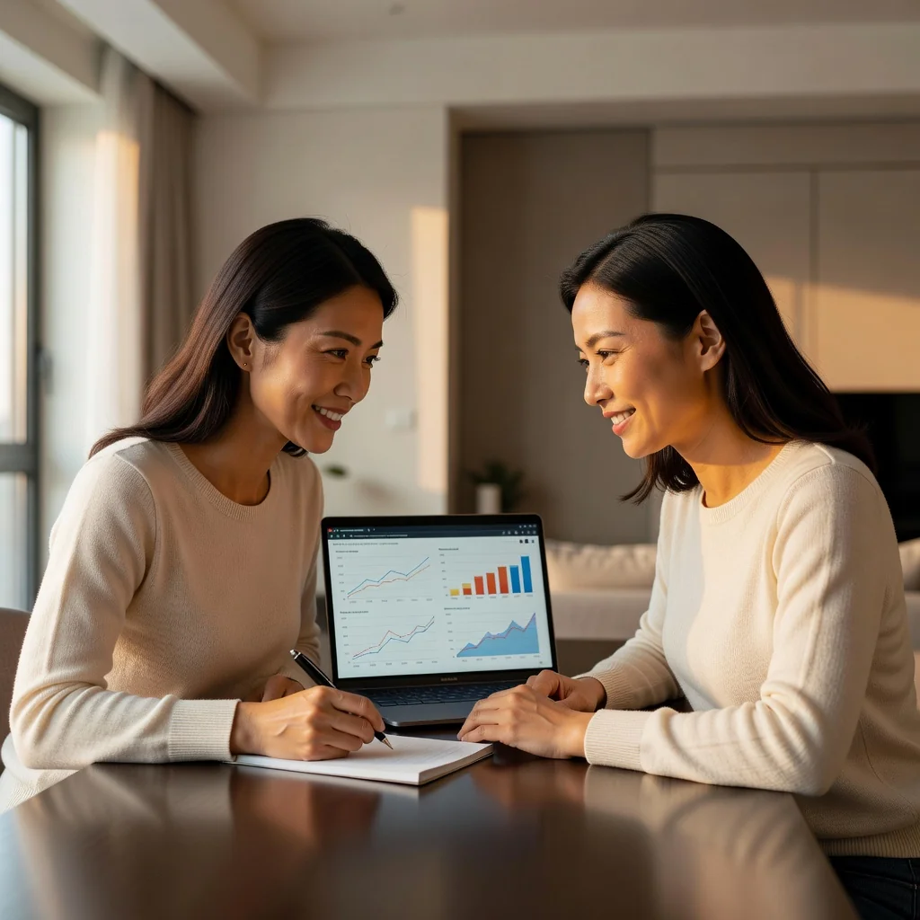 A photorealistic image of a young Chinese couple in their mid-30s, sitting together at a modern dining table in a contemporary apartment, discussing financial matters with a laptop open showing charts, one partner holding a pen as if signing an agreement, looking happy and united, no children present, emphasizing marital partnership and shared future planning.
