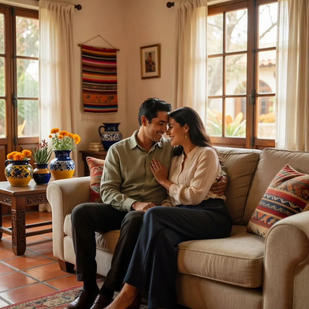 A photorealistic image of a happy Mexican couple in their mid-30s, embracing warmly in a modern living room with warm lighting, symbolizing trust, commitment, and security in their relationship through a postnuptial agreement. No children are present in the image.