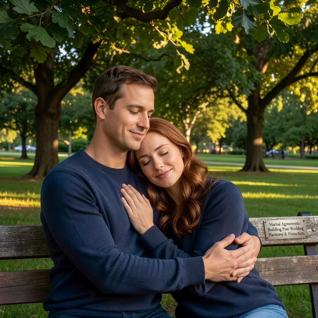 A photorealistic image of a happy married couple in their 30s, sitting closely together on a cozy couch in a modern living room, reviewing a document together with smiles, symbolizing trust and financial security in marriage, no children present.