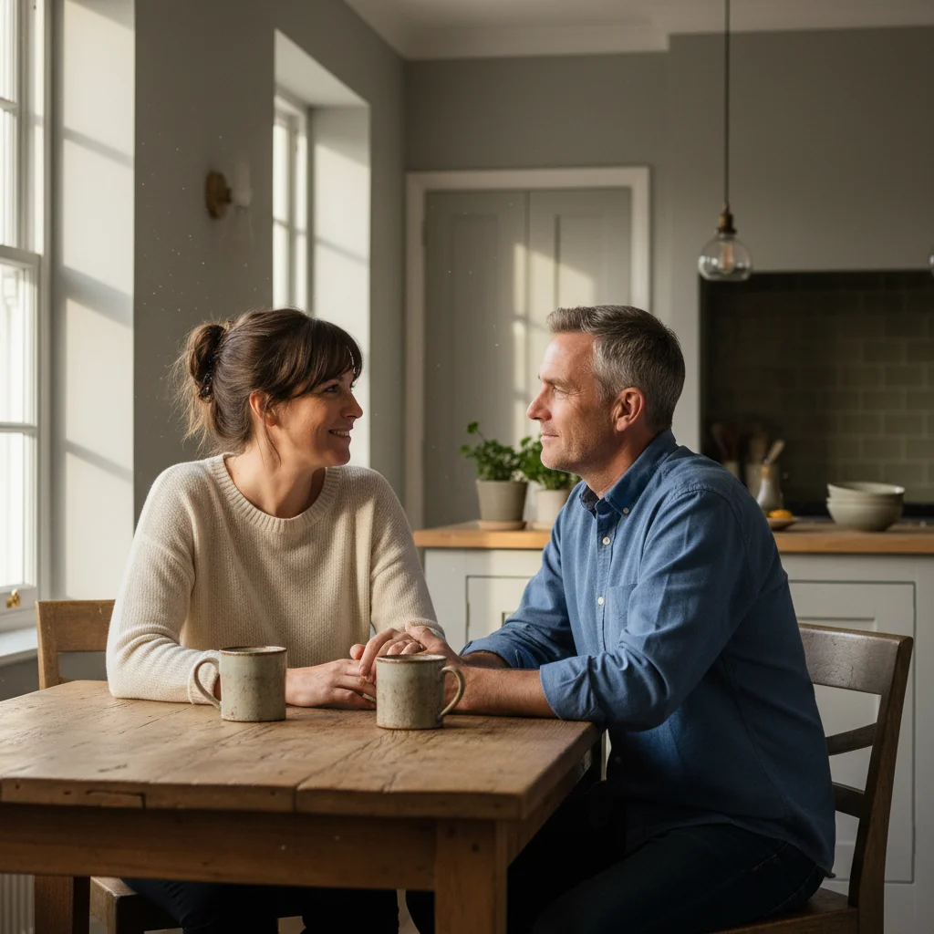 A photorealistic image of a mature couple in their 30s or 40s, sitting together at a wooden kitchen table in a modern UK home. They are looking at each other with trust and affection, one partner gently holding the other's hand. Soft natural light filters through a window, symbolizing commitment and security in marriage. No legal documents, children, or text are visible. The scene conveys emotional intimacy and partnership without any dramatic or negative elements.