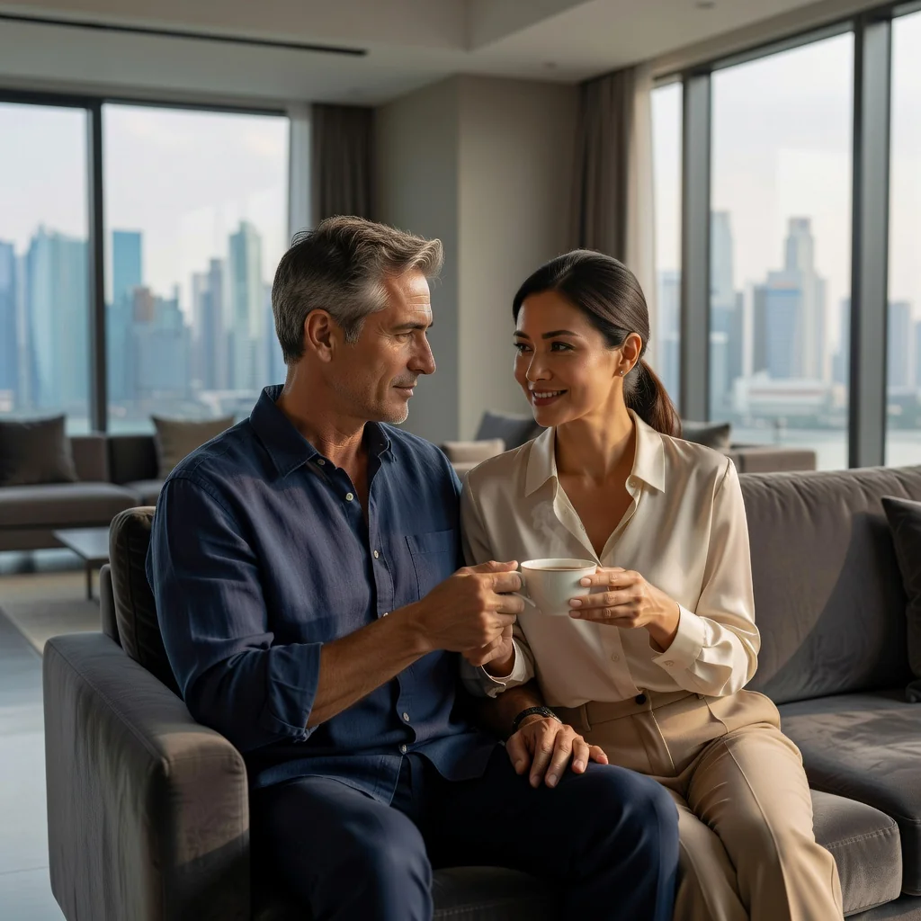 A photorealistic image of a mature married couple in their 30s or 40s, sitting together on a comfortable sofa in a modern Singaporean living room with subtle city skyline views through the window, discussing their future seriously yet affectionately, symbolizing commitment and financial planning in marriage, no children present, warm and intimate atmosphere.