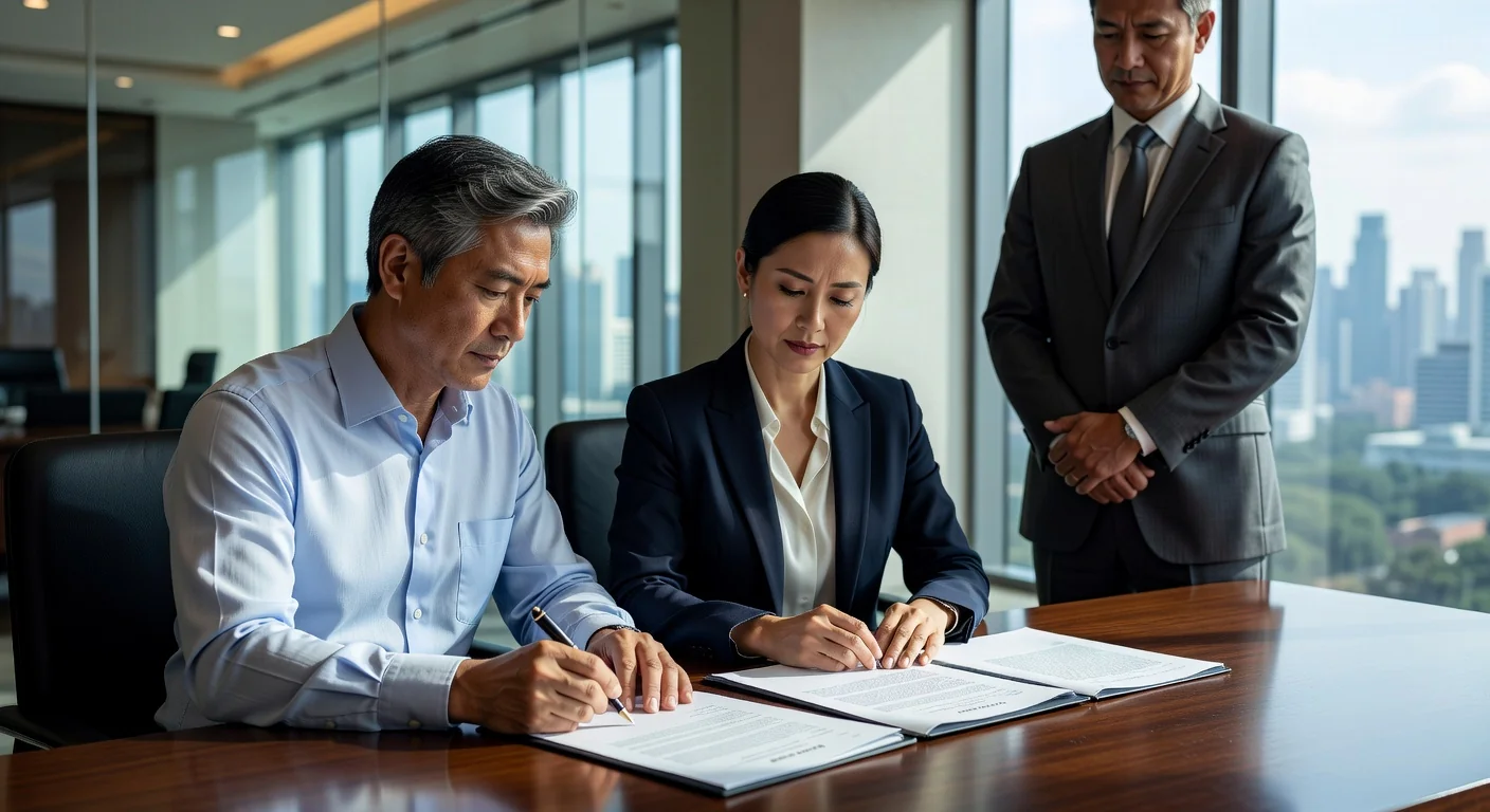 Couple signing post-nuptial agreement document.