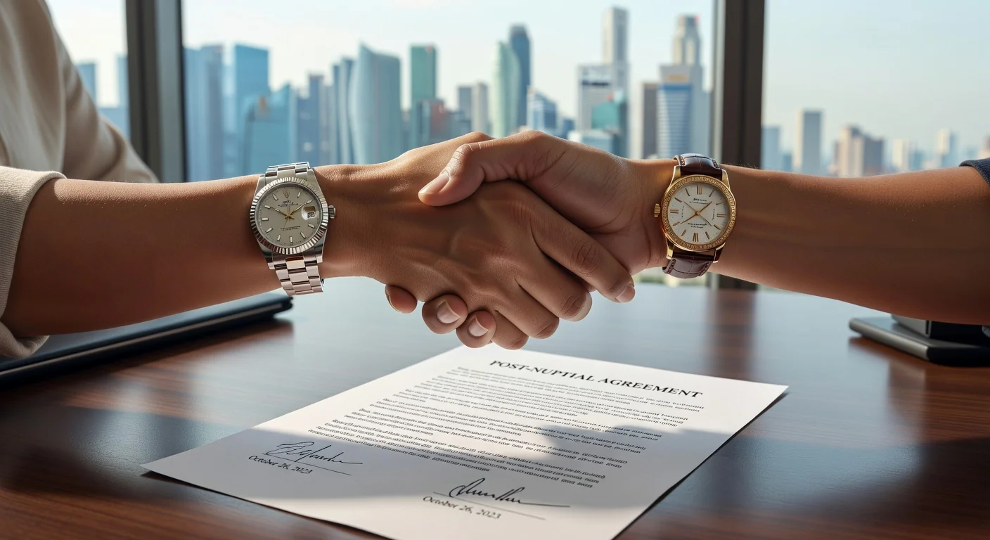 Hands shaking over signed contract.