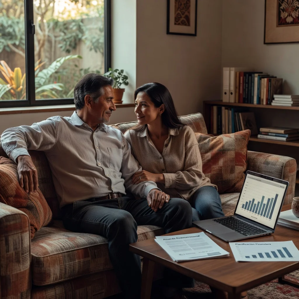 A photorealistic image depicting a mature Mexican couple in their 30s or 40s, sitting together on a comfortable couch in a modern home office, engaged in a calm and supportive conversation about their future, with subtle elements like a laptop and financial papers nearby, symbolizing marital agreement and planning after marriage. No children are present in the scene.