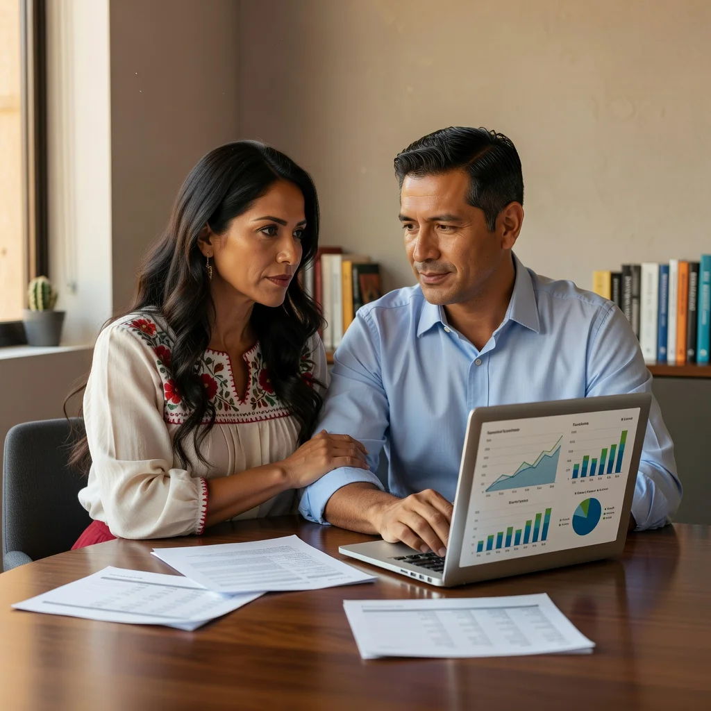 A photorealistic image of a mature Mexican couple in their 30s or 40s, sitting together at a wooden table in a cozy home office, discussing financial matters with a sense of trust and partnership. They are looking at a laptop screen showing charts or documents, symbolizing postnuptial agreement planning. No children are present. The atmosphere is warm and professional, with natural light from a window.