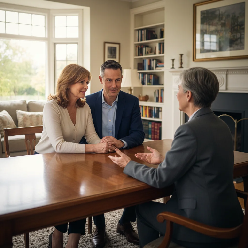 A photorealistic image of a mature couple in their 30s or 40s sitting together at a wooden table in a cozy home office, engaged in a serious conversation with a lawyer. They are reviewing papers but not focusing on the document itself; instead, the emphasis is on their thoughtful expressions and the protective, planning atmosphere of discussing their marital future. No children are present. The scene conveys trust, security, and forward-thinking in a relationship.