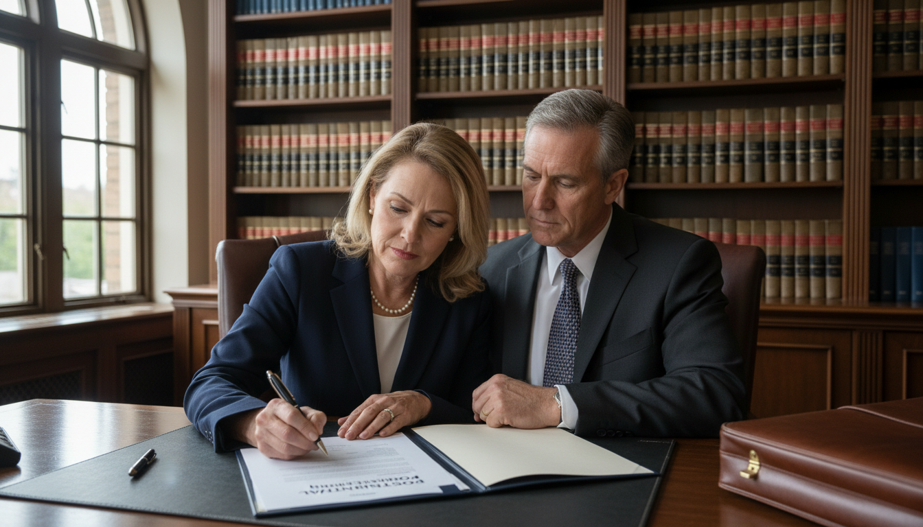 Couple signing postnuptial agreement