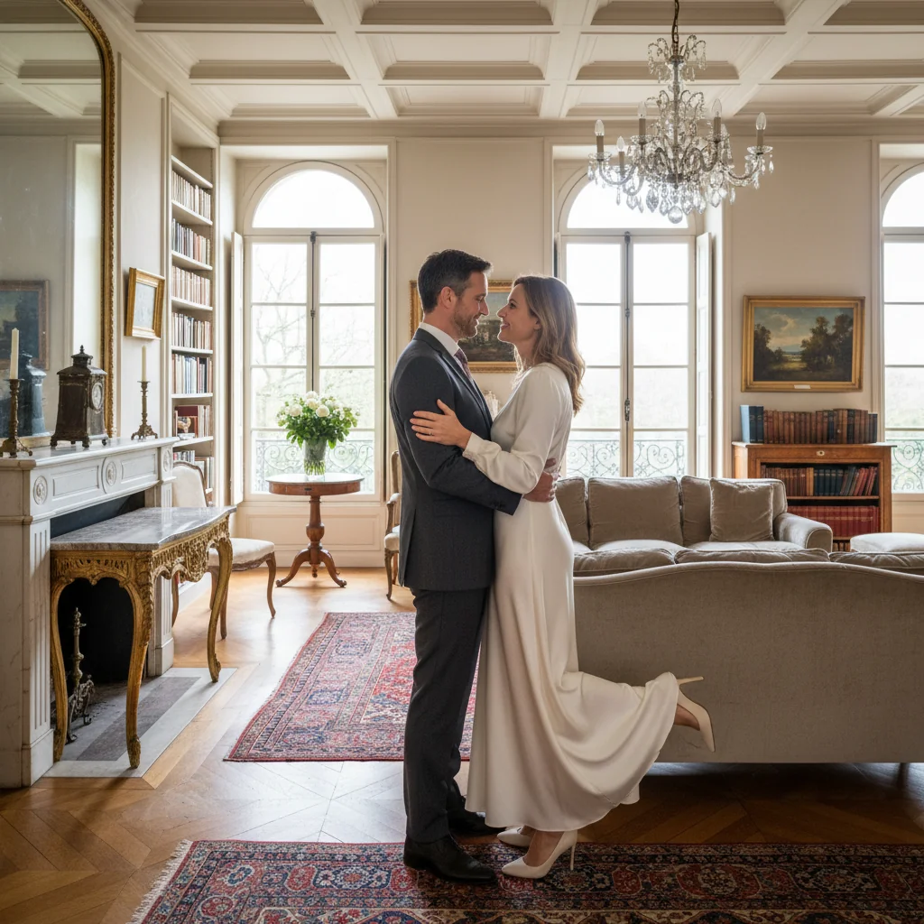 A photorealistic image of a loving married couple in their 30s, sitting closely together at a wooden table in a cozy French home, holding hands and smiling warmly at each other, symbolizing marital harmony and commitment, with soft natural light from a window illuminating the scene, no children present.