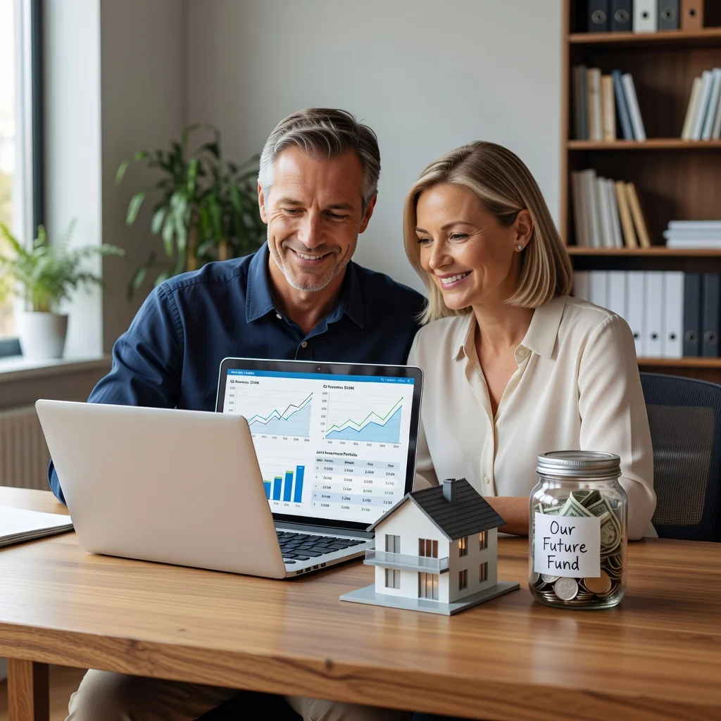 A photorealistic image of a happy middle-aged couple sitting together at a home office desk, reviewing financial documents on a laptop, symbolizing protection of marital assets and mutual financial security, no children present.