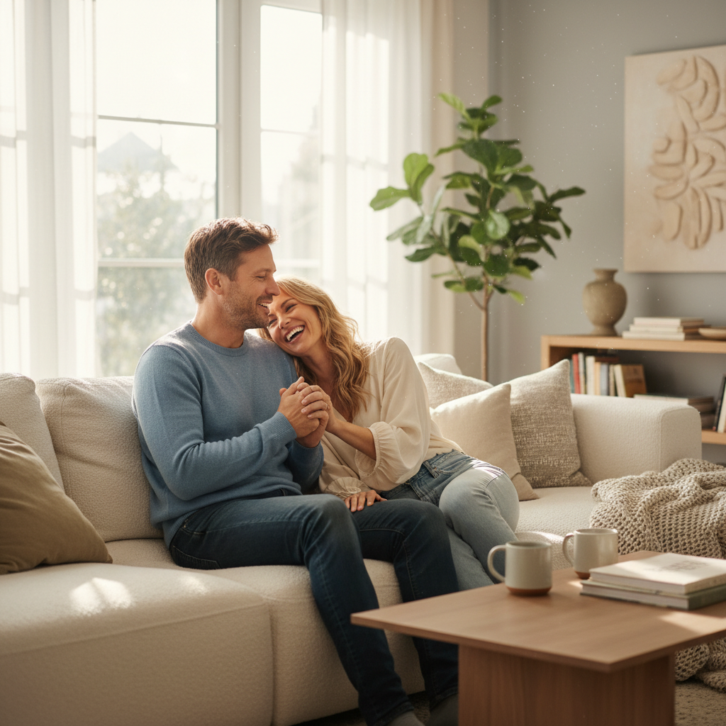 A photorealistic image of a loving adult couple in their mid-30s, sitting together on a comfortable couch in a modern living room, discussing their future with warm smiles and holding hands, symbolizing trust and commitment in marriage, no children present.