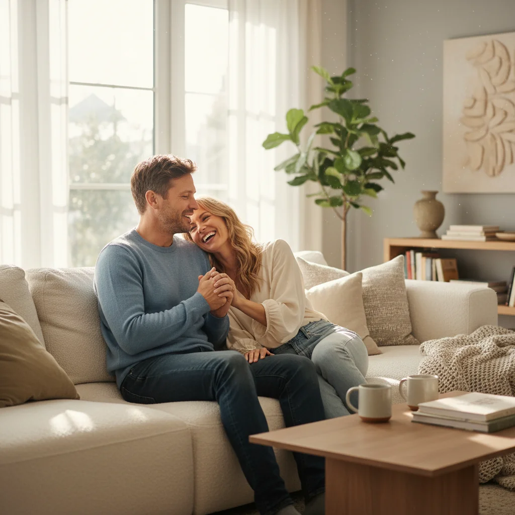 A photorealistic image of a loving adult couple in their mid-30s, sitting together on a comfortable couch in a modern living room, discussing their future with warm smiles and holding hands, symbolizing trust and commitment in marriage, no children present.