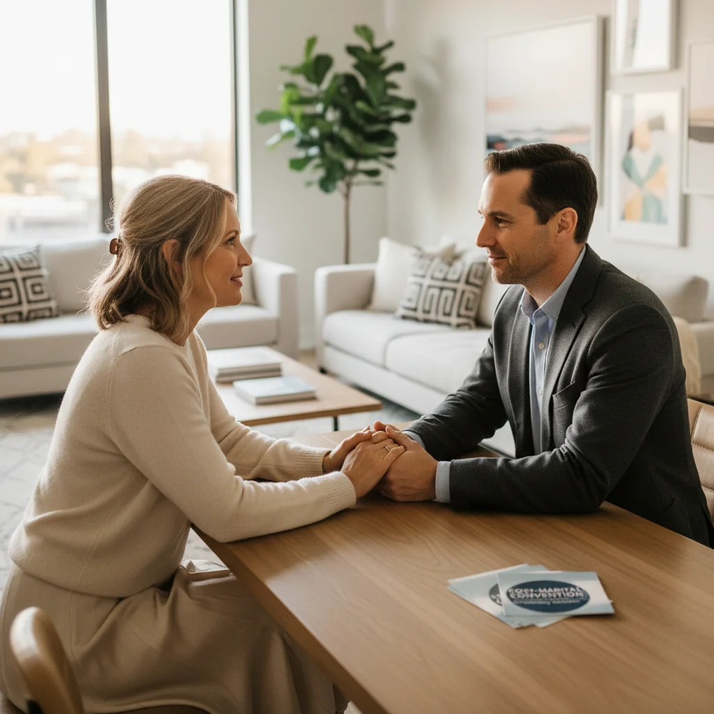 A photorealistic image of a happily married adult couple in their 30s, sitting closely together at a wooden table in a cozy living room, discussing marriage matters with warm smiles and holding hands, symbolizing the purpose of a post-marital agreement. No children are present. The scene is warm and intimate, with soft natural light from a window.
