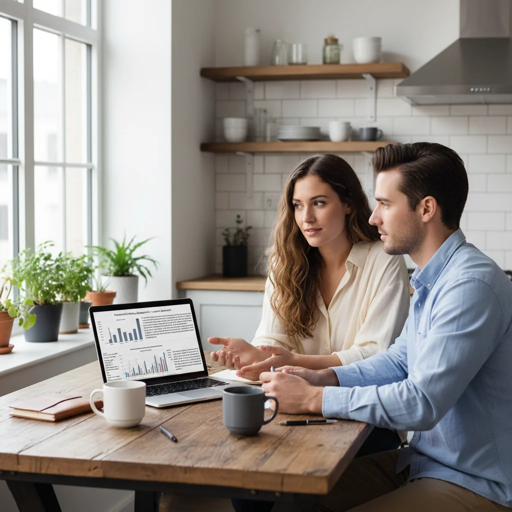 A photorealistic image of a young adult couple in their late 20s or early 30s sitting together at a wooden table in a cozy modern kitchen, discussing finances with a laptop open showing charts, looking engaged and thoughtful, symbolizing the planning aspect of marital agreements, natural daylight from a window, no children present.