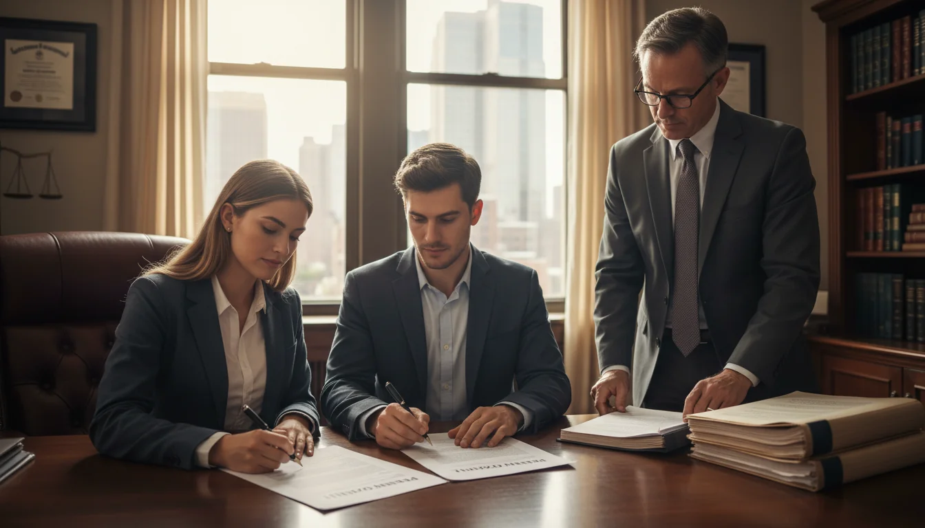 Couple signing prenuptial agreement