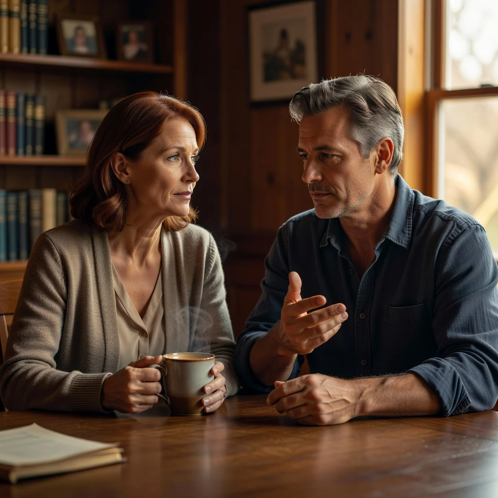 A photorealistic image of a mature married couple in their 40s, sitting together at a wooden table in a cozy home office, engaged in a serious yet affectionate discussion about their relationship and future plans. The man and woman are looking at each other with trust and understanding, one holding a cup of coffee, the other gesturing gently with her hand. Soft natural light filters through a window, creating a warm and intimate atmosphere. No legal documents, papers, or text are visible. No children or other people are present.