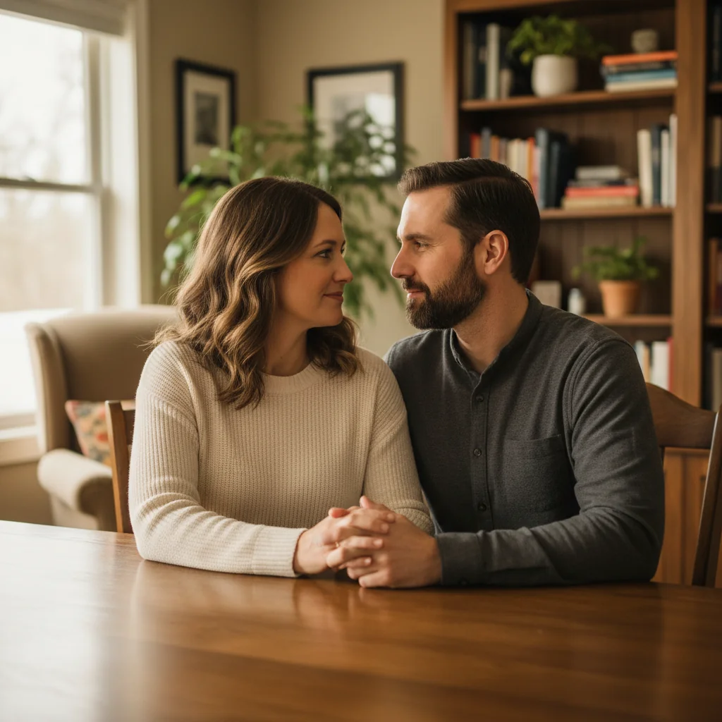 A photorealistic image of a mature couple in their 30s or 40s, sitting together at a wooden table in a cozy home office, engaged in a serious yet affectionate conversation about their future. The man and woman are looking at each other with trust and understanding, holding hands lightly, with soft natural light coming through a window in the background. No children or legal documents are visible. The atmosphere conveys commitment, security, and partnership in marriage.