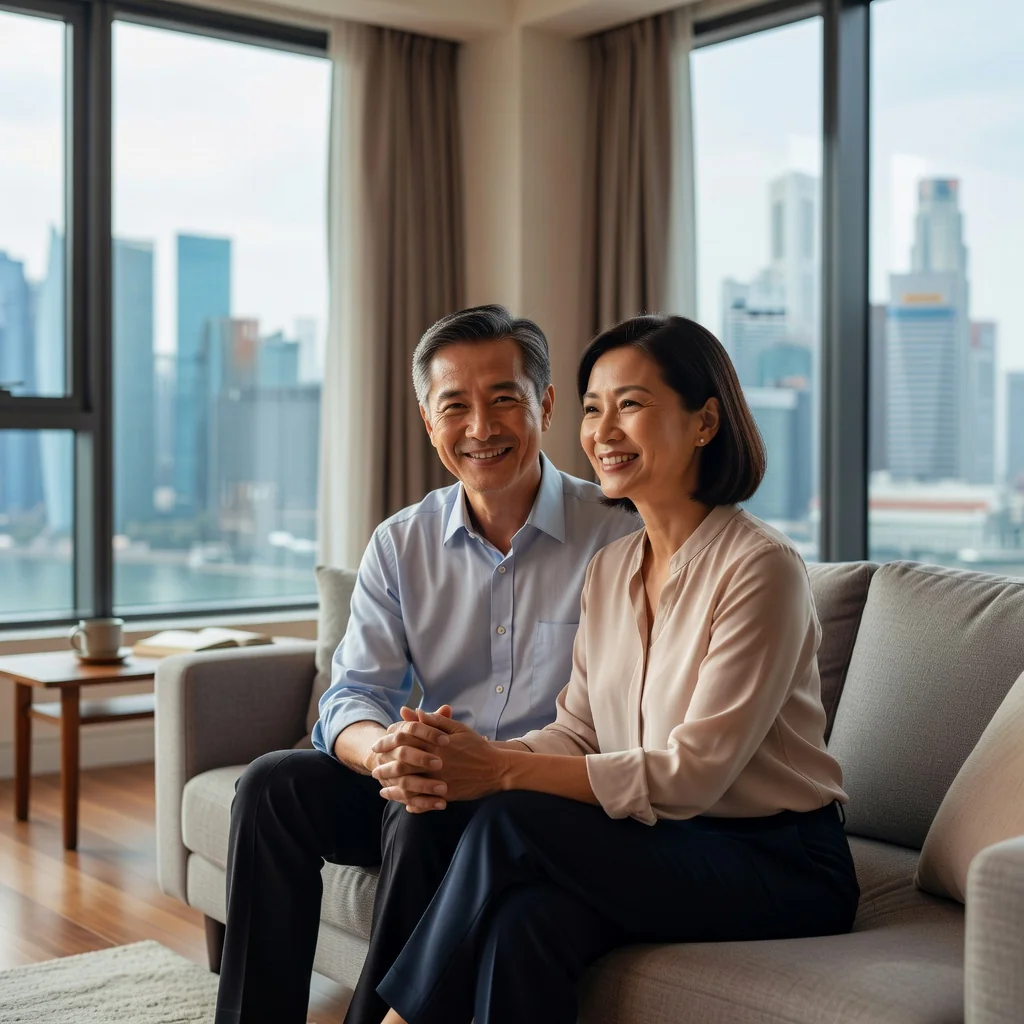 A photorealistic image of a happy, middle-aged Singaporean couple in a modern living room, sitting closely together on a couch, smiling and holding hands, symbolizing trust, commitment, and financial security in their marriage, with subtle Singaporean elements like a city skyline view from the window in the background.
