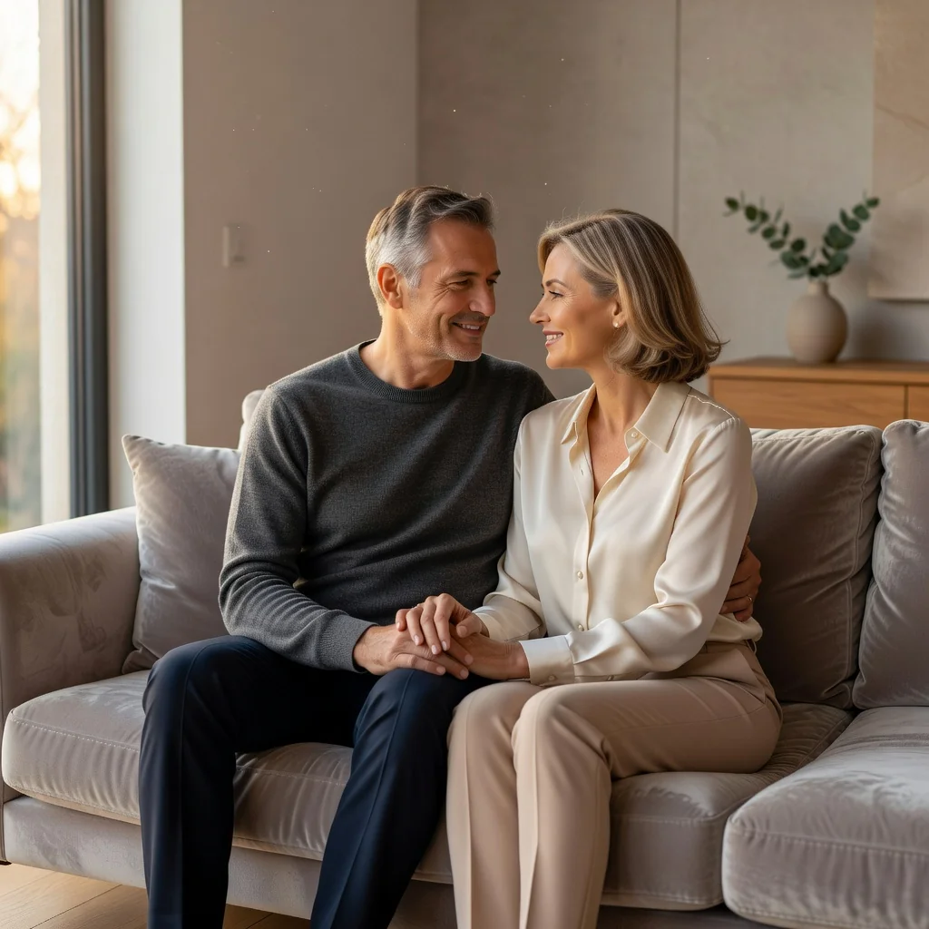 A photorealistic image of a happy middle-aged German couple in a modern living room, sitting closely together on a sofa, holding hands and smiling at each other, symbolizing commitment and partnership in marriage. The scene conveys trust and love, with warm natural light from a window, no legal documents visible, and absolutely no children present.