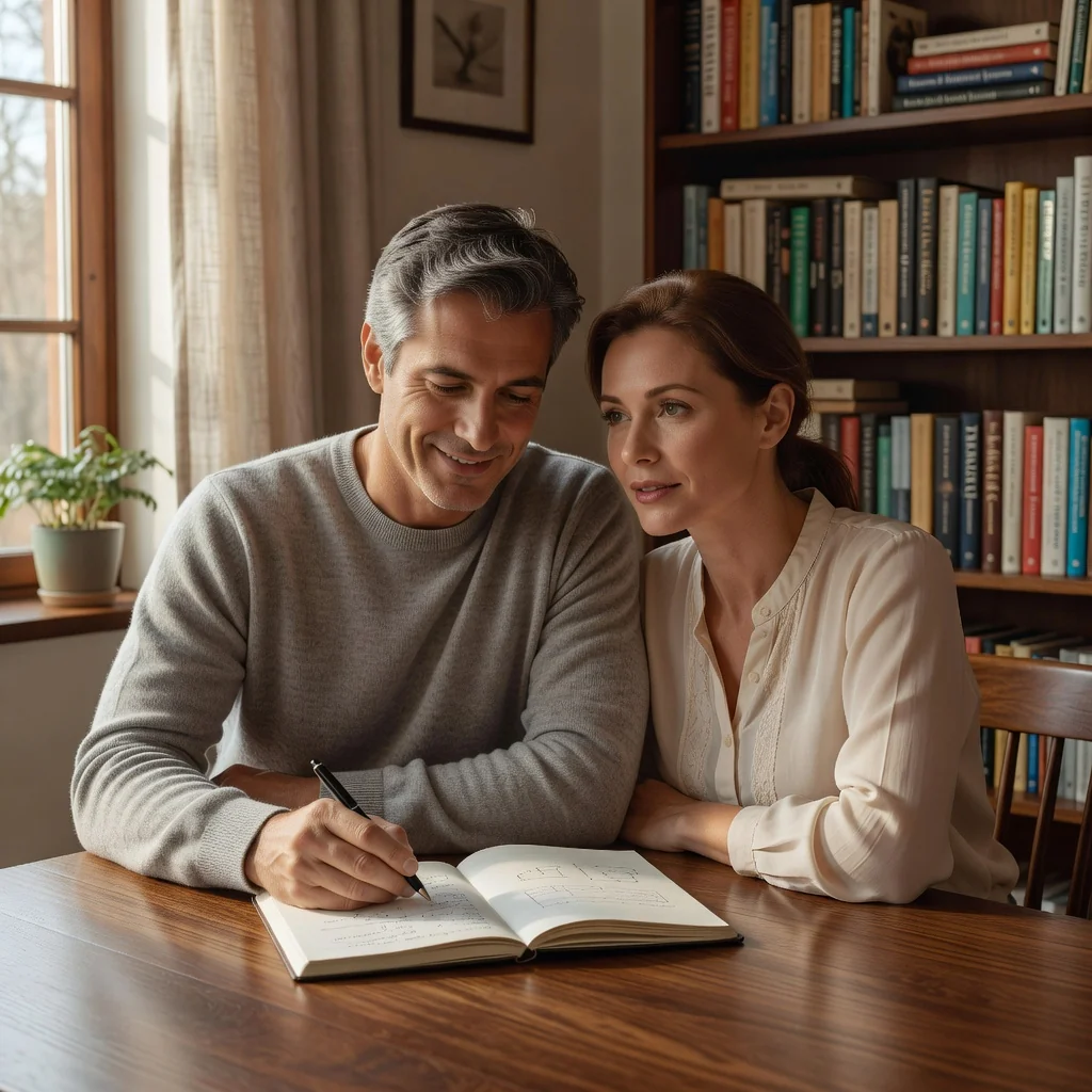 A photorealistic image of a mature married couple in their 30s or 40s, sitting together at a wooden table in a cozy home office, engaged in a serious yet affectionate discussion about their financial future. The man and woman are looking at each other with trust and partnership, one holding a pen and a notebook, symbolizing planning and agreement in marriage. Soft natural light filters through a window, warm tones, no children or any other people present, emphasizing their adult relationship and commitment.