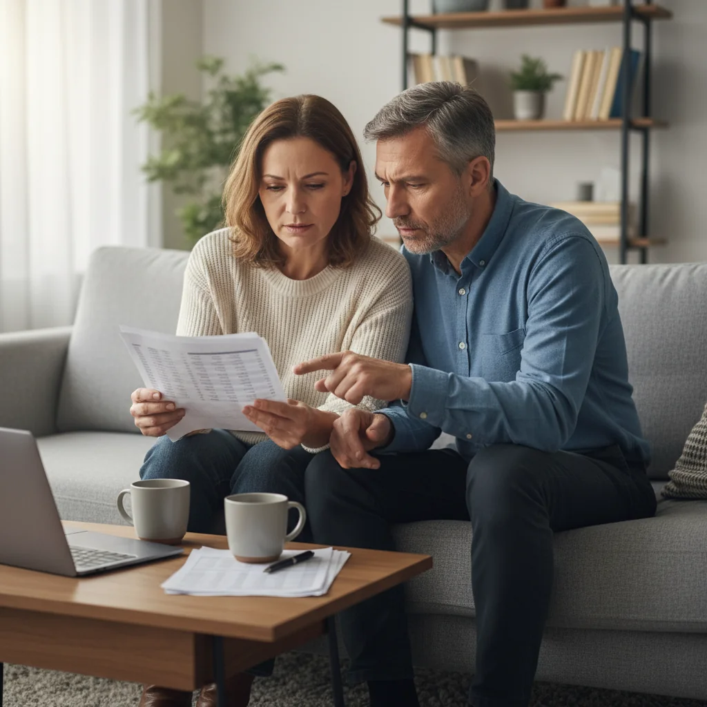 A photorealistic image of a mature couple in their 40s, sitting together on a cozy couch in a modern living room, reviewing financial documents with thoughtful expressions, symbolizing the planning and decision-making involved in a post-marital agreement. No children are present in the scene.