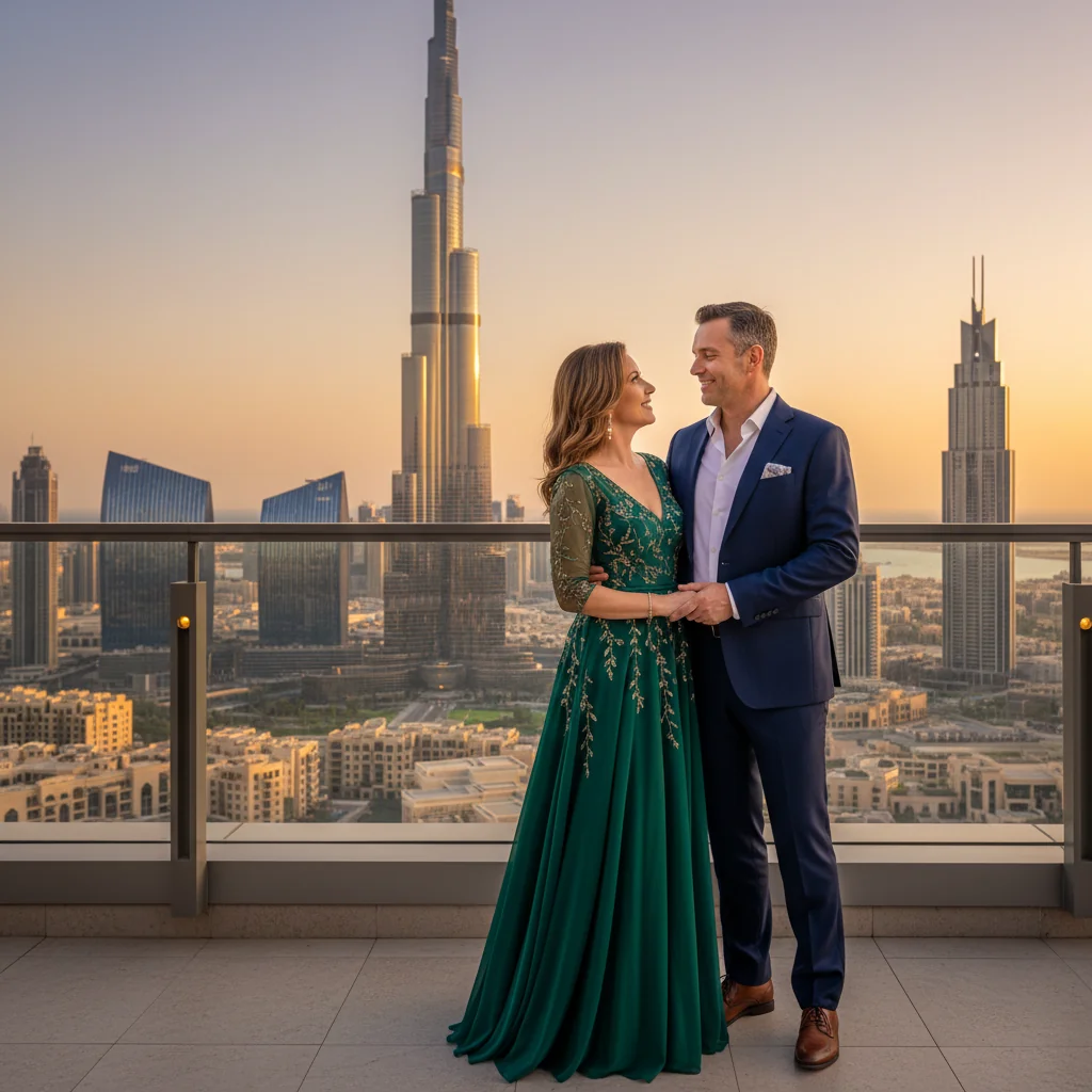 A photorealistic image of a happy young couple in modern attire, standing close together in a luxurious UAE setting like a Dubai skyline at sunset, symbolizing commitment and partnership in marriage, with no children present.