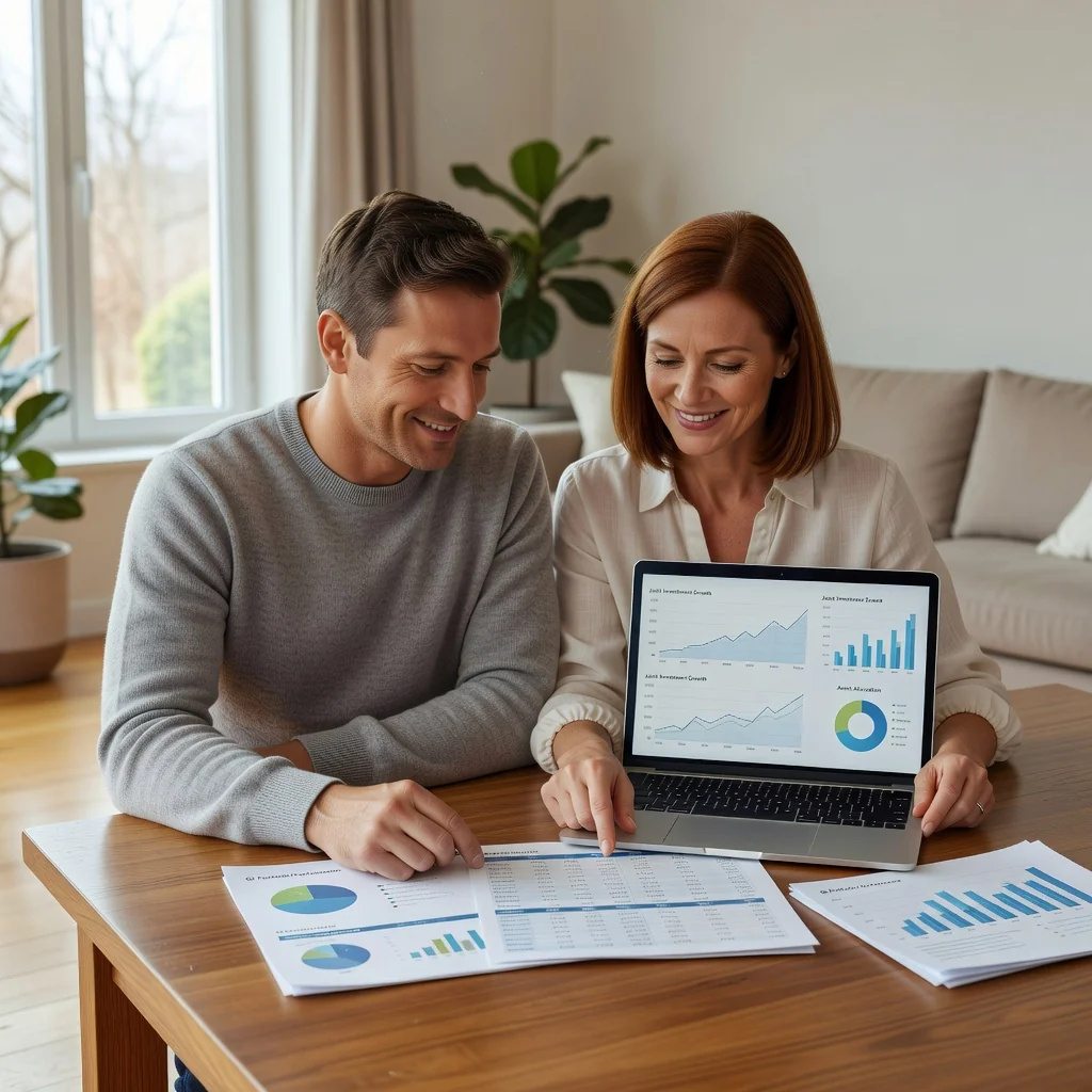 A photorealistic image of a mature married couple in their 30s or 40s, sitting together at a wooden dining table in a cozy modern home, reviewing financial statements and a laptop showing investment charts, symbolizing the planning and security provided by a post-marital property agreement. They look content and collaborative, with warm lighting from a window. No children or any depiction of minors in the image.