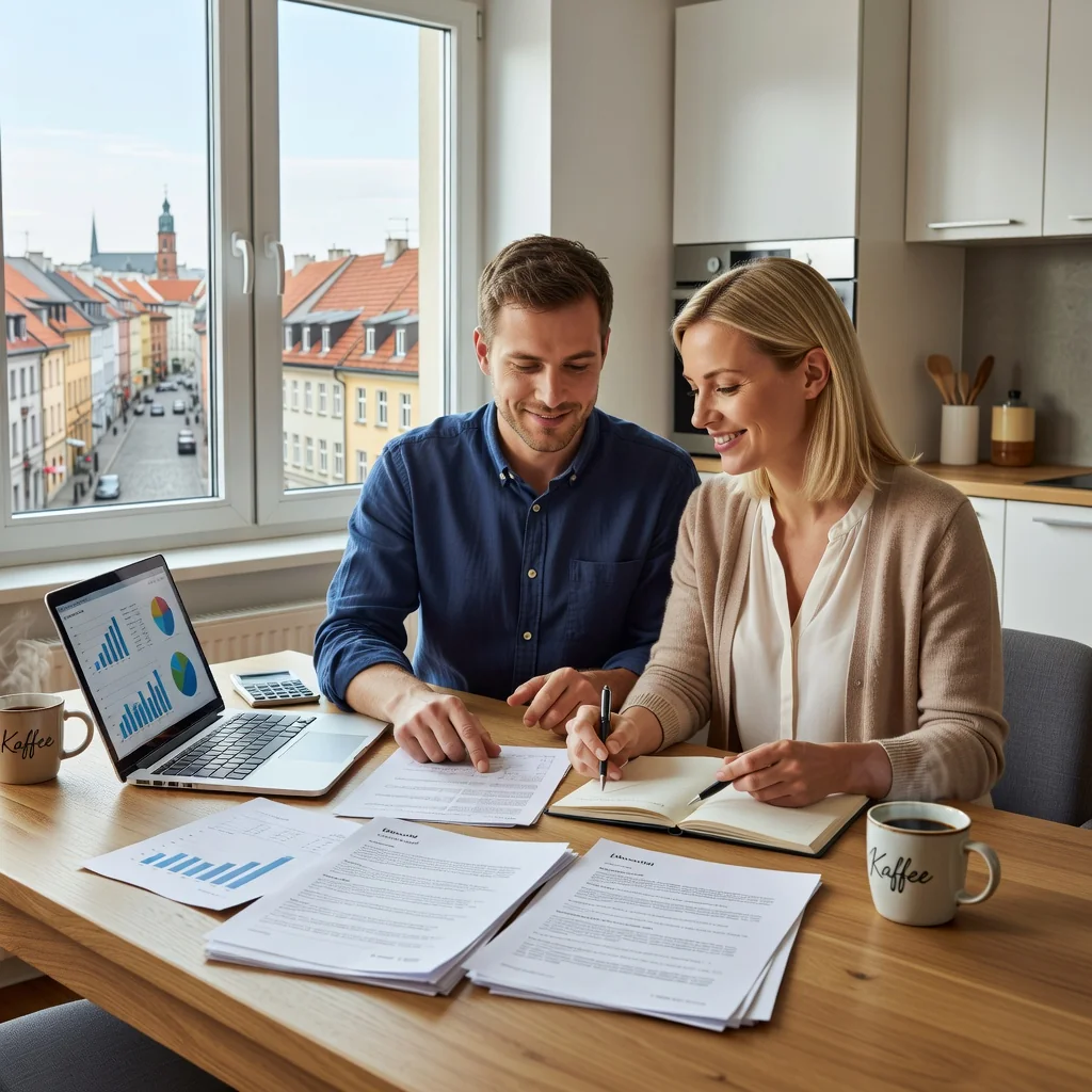 A photorealistic image of a happy married couple in their 30s, sitting together at a wooden table in a cozy modern kitchen in Germany, reviewing financial papers and a laptop, symbolizing the planning and agreement aspect of a post-marital contract (Ehevertrag), with warm lighting and no children present.