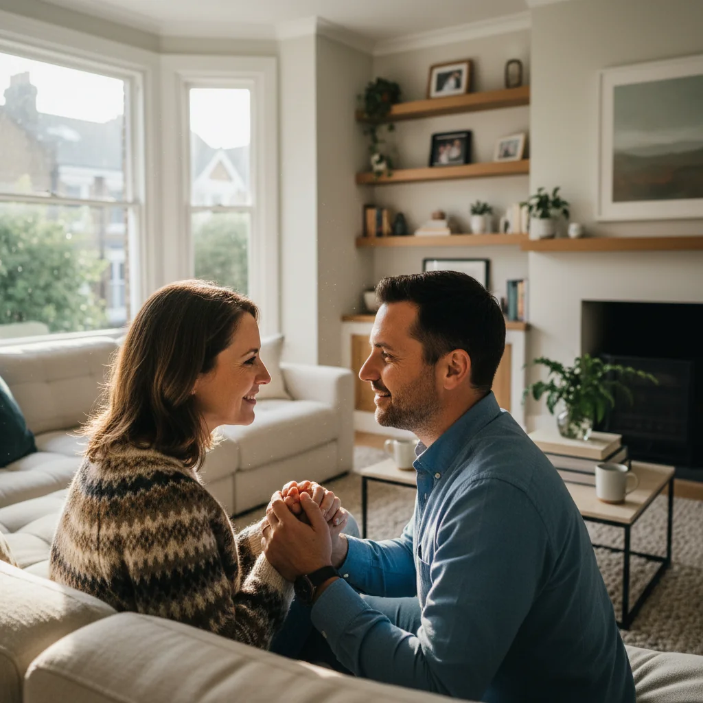 A photorealistic image of a happy adult couple in their 30s, sitting closely together on a comfortable sofa in a modern living room, holding hands and smiling warmly at each other, symbolizing trust, commitment, and marital harmony in the context of a postnuptial agreement.