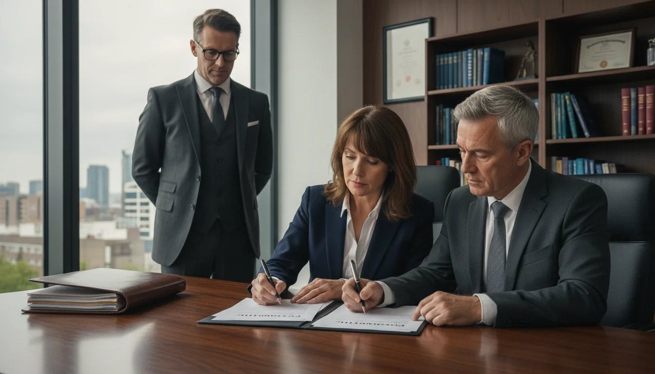 Couple signing postnuptial agreement