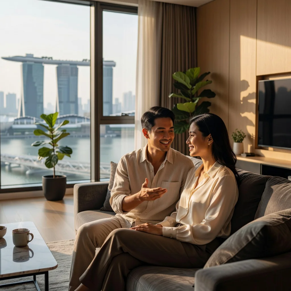 A photorealistic image of a loving married couple in their 30s, sitting together on a modern sofa in a cozy Singapore apartment, discussing their future with warm smiles and holding hands, symbolizing trust and commitment in marriage, no children present.