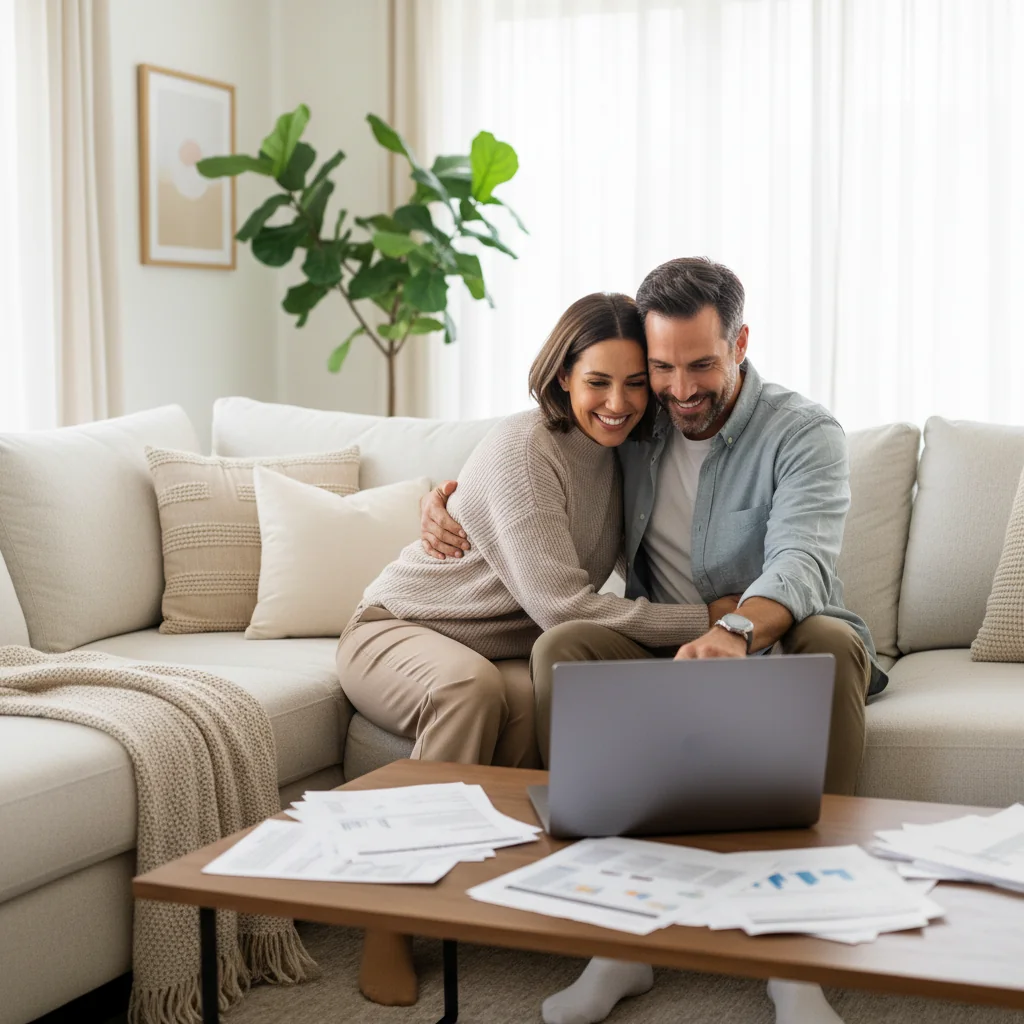 A photorealistic image of a loving married couple in their 30s, sitting together on a comfortable couch in a modern living room, reviewing financial documents on a tablet, symbolizing the planning and agreement aspect of a postnuptial arrangement. They appear content and collaborative, with warm lighting and no children present.