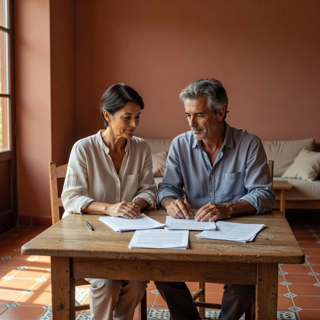 A photorealistic image of a mature Spanish couple in their 40s, sitting together at a wooden table in a sunlit living room with Spanish decor, calmly discussing their divorce agreement. The woman has short dark hair and wears a light blouse, the man has salt-and-pepper hair and a casual shirt. They look at each other with mutual respect, no children present, symbolizing amicable separation and legal resolution in Spain.