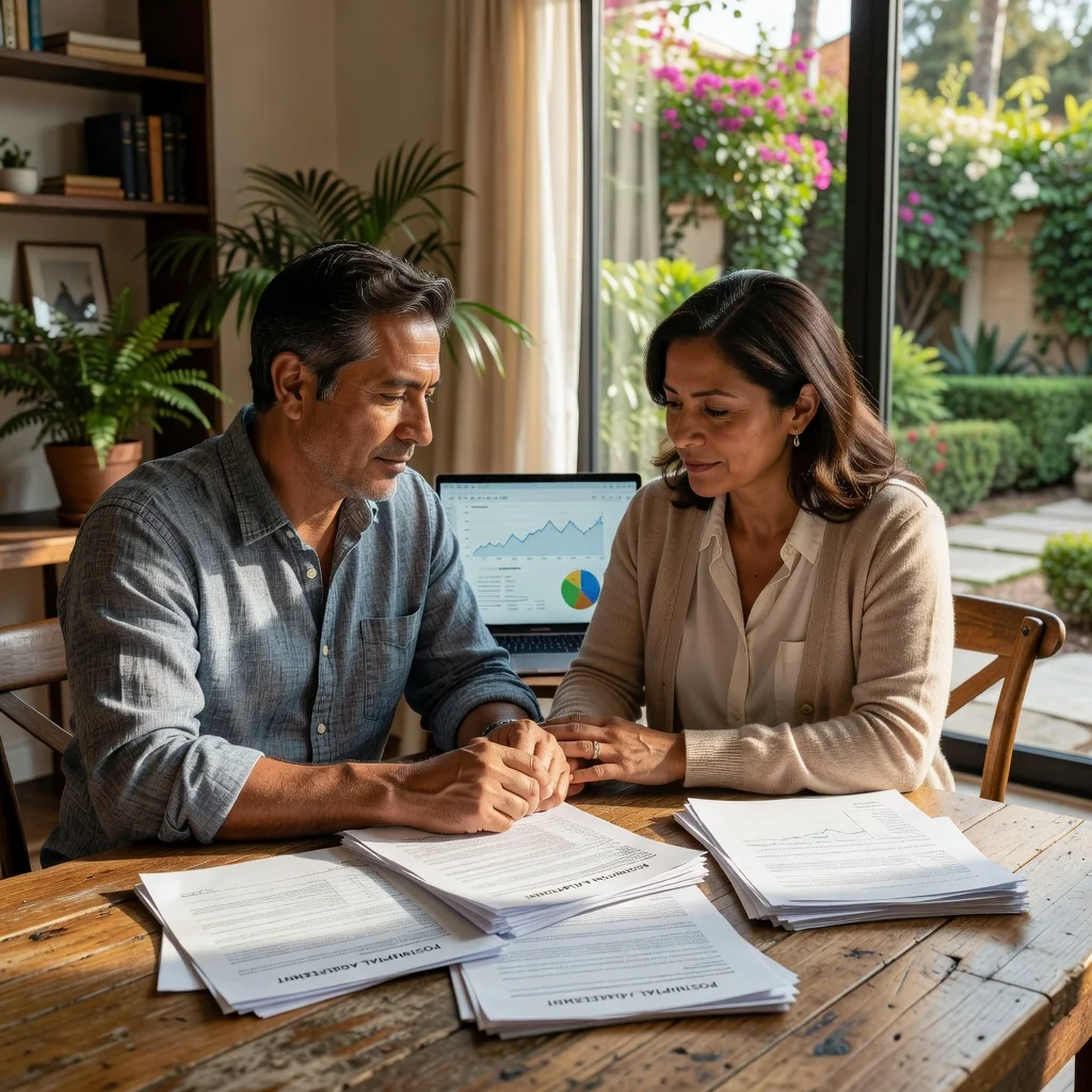 A photorealistic image representing the purpose of a postnuptial agreement in Mexico, showing a mature married couple in their 30s or 40s, of diverse ethnic backgrounds, sitting together at a wooden table in a sunlit home office, reviewing financial papers and a laptop, looking thoughtful and collaborative, symbolizing financial planning and commitment in marriage. No children are present in the image.