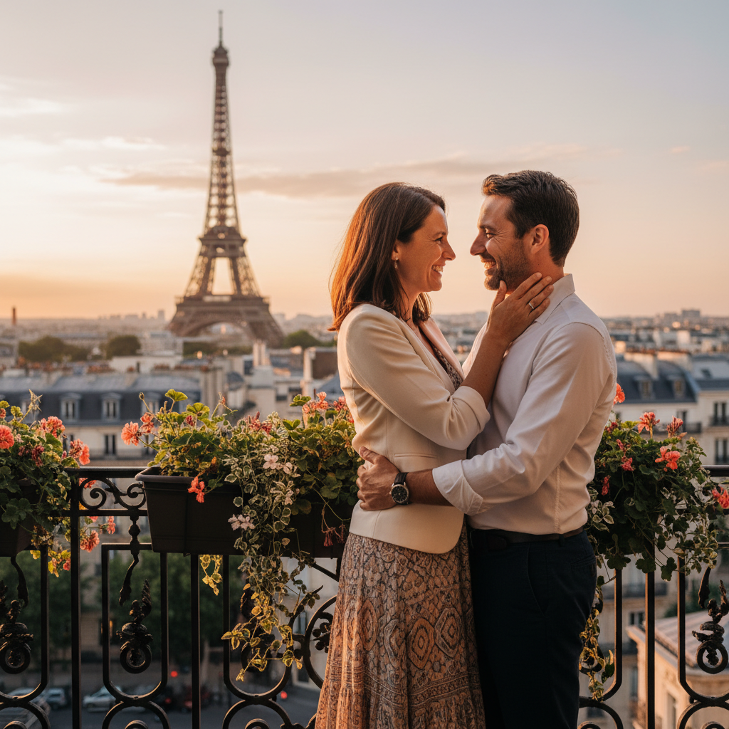 A photorealistic image of a joyful adult couple in their mid-30s, embracing warmly on a scenic French balcony overlooking the Eiffel Tower at sunset, symbolizing the romantic and legal commitment of a post-marriage matrimonial convention in France. The couple is dressed in elegant casual attire, with no children or documents visible in the scene.