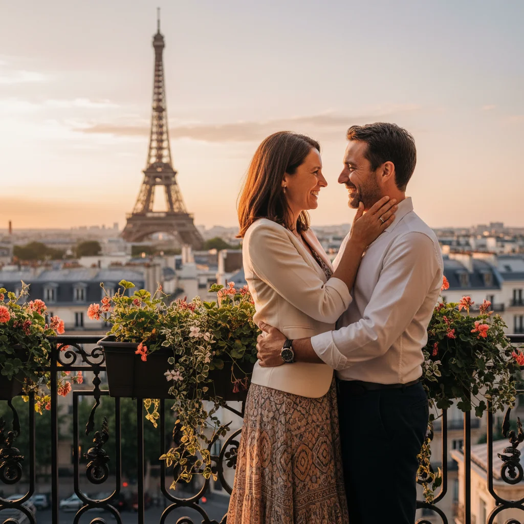 A photorealistic image of a joyful adult couple in their mid-30s, embracing warmly on a scenic French balcony overlooking the Eiffel Tower at sunset, symbolizing the romantic and legal commitment of a post-marriage matrimonial convention in France. The couple is dressed in elegant casual attire, with no children or documents visible in the scene.