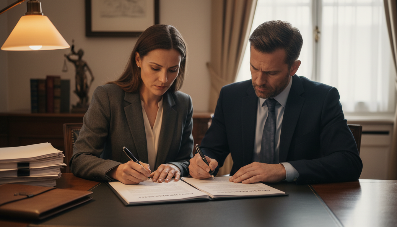 Couple signing legal papers