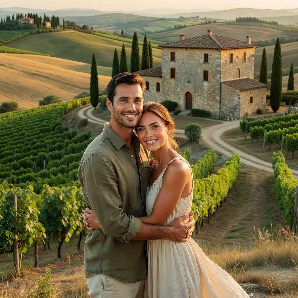A photorealistic image of a happy Italian couple in their 30s, standing arm in arm in a scenic Italian countryside setting near a historic villa, symbolizing post-marital commitment and legal agreements in marriage, with warm sunlight and romantic atmosphere, no children present.