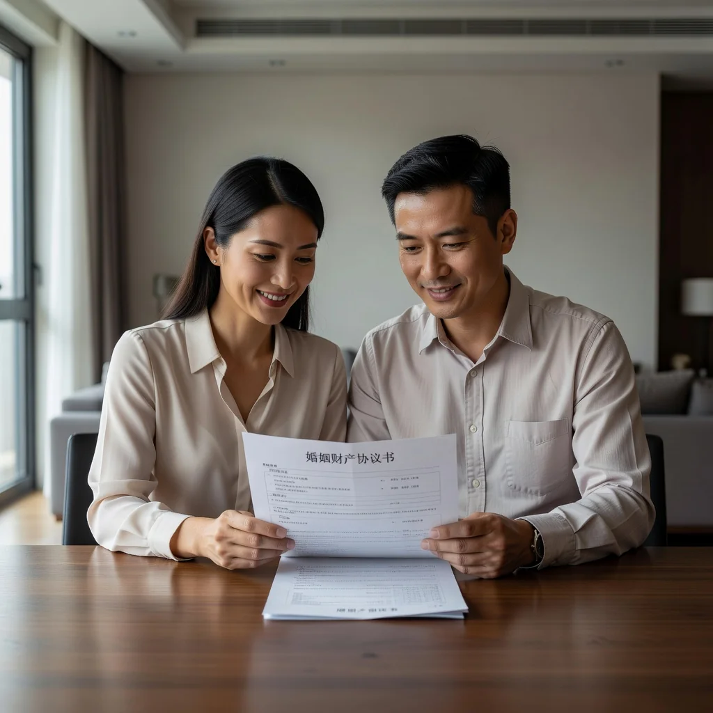 A photorealistic image of a happy Chinese couple in their mid-30s, sitting together at a wooden table in a modern living room, reviewing a printed agreement with focused expressions, symbolizing marital property planning in China. The atmosphere is calm and trusting, with soft natural light from a window illuminating the scene. No children are present.