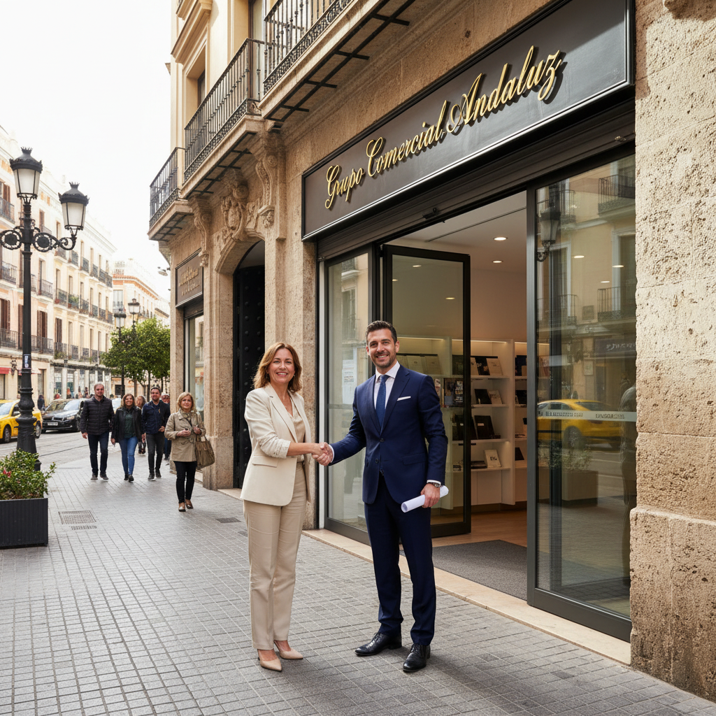 A photorealistic image of a modern commercial space in Spain, such as a bustling retail shop or office building in a vibrant urban area like Madrid or Barcelona, with professionals shaking hands in agreement, symbolizing a successful commercial lease agreement. The scene should convey business prosperity and partnership without focusing on documents.