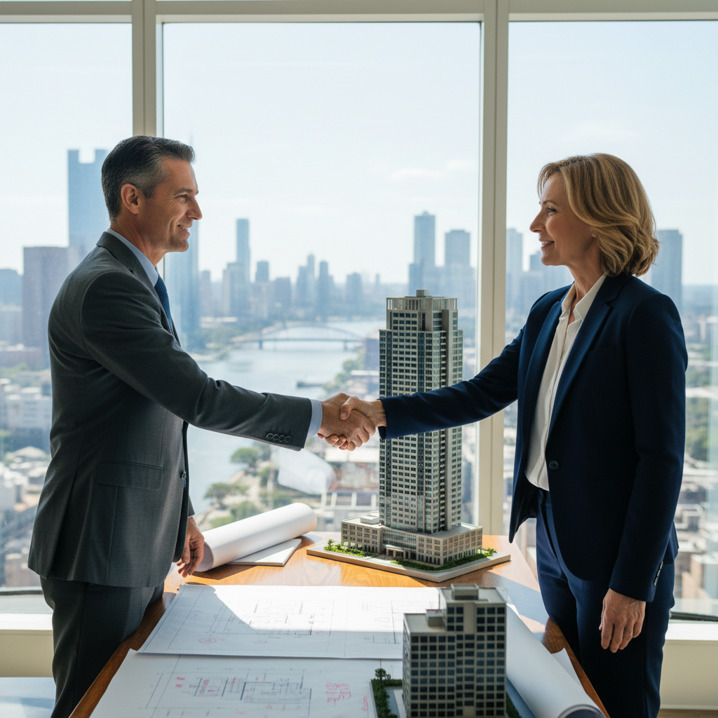 A photorealistic image depicting a professional handshake between a commercial property landlord and tenant in a modern office or retail space setting, symbolizing mutual rights and obligations in a commercial lease agreement. The scene should convey trust, partnership, and business professionalism, with adults only in business attire, no children present.